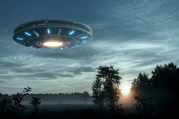 UFO, bir uzaylı plakası havada hareketsiz bir şekilde havada süzülüyor. Tanımlanamayan uçan nesne, uzaylı istilası, dünya dışı yaşam, uzay yolculuğu, insansı uzay gemisi...
