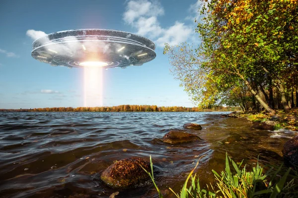 UFO, an alien plate hovering above water, hovering motionless in the air. Unidentified flying object, alien invasion, extraterrestrial life, space travel, humanoid spaceship mixed medium