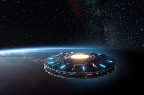Ufo 외계인 공간에서 지구를 배경으로 있었다 휴머노이드 우주선 Nasa 제공하는 — 스톡 사진