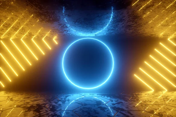 Vykreslování Abstraktní Neonové Pozadí Modré Kruhy Žluté Reflexní Čáry Virtuální — Stock fotografie