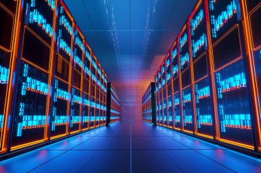 3D Render Sunucusu, Sunucu odası merkezi internet bağlantısı, kazma verisi. Boşluğu kopyala