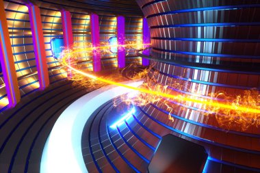 3D Render füzyon reaktörü nükleer füzyonu, ısıtılmış plazma içinde tokamak, toroidal şekil, temiz enerji. Boşluğu kopyala.