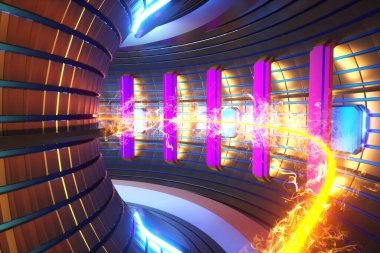 3D Render füzyon reaktörü nükleer füzyonu, ısıtılmış plazma içinde tokamak, toroidal şekil, temiz enerji. Boşluğu kopyala.