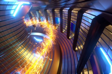 3D Render füzyon reaktörü nükleer füzyonu, ısıtılmış plazma içinde tokamak, toroidal şekil, temiz enerji. Boşluğu kopyala.