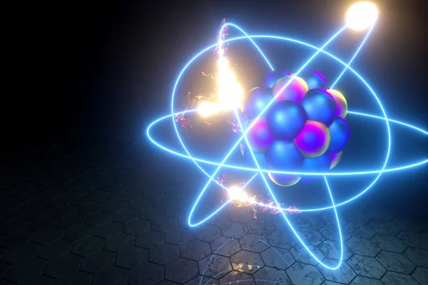 3D render nuclear fusion, there is a nuclear fission, pure energy. Copy space.