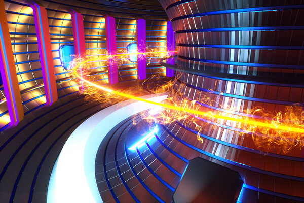 3D Render термоядерный реактор ядерного синтеза, токамак внутри нагретой плазмы, тороидальной формы, чистой энергии. Копирование пространства
.