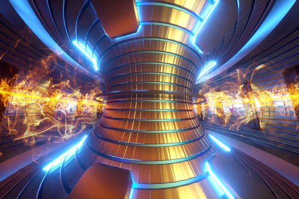 3D Render füzyon reaktörü nükleer füzyonu, ısıtılmış plazma içinde tokamak, toroidal şekil, temiz enerji. Boşluğu kopyala.