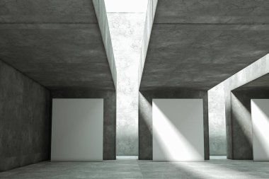 3D, boş beton oda, sergi için kaide, galeri ışıkları. Model, tasarım