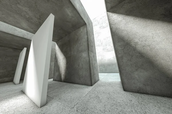 3D rendering empty concrete room, pedestal for display, stand gallery light spot. mockup, layout