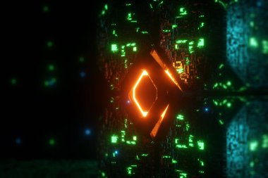 3D yazıtlar büyük veri arkaplanı soyut resimleme. Bilgi, gelecekteki internet ve bulut depolama teknolojilerini akışına bırakıyor. Boşluğu kopyala.