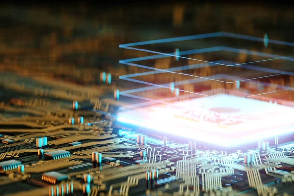 3D render CPU Technological background. Concept circuit board with computer central processing unit. Digital Chip Integrated Communication Processor. Copy space