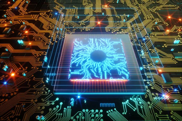 3D render CPU Technological background. Concept circuit board with computer central processing unit. Digital Chip Integrated Communication Processor. Copy space