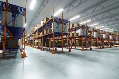3D render Industrial racks, pallets, boxes, shelves with goods in huge storage rooms. Warehouse equipment, automotive warehouse, logistics, delivery of goods. Copy space clipart