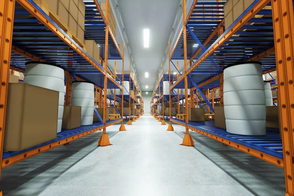 Render Industrial Racks Pallets Boxes Shelves Goods Huge Storage Rooms — 스톡 사진