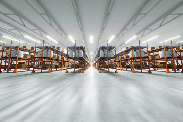 Render Industrial Racks Pallets Boxes Shelves Goods Huge Storage Rooms — 스톡 사진