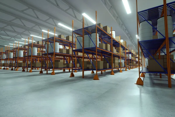 Render Industrial Racks Pallets Boxes Shelves Goods Huge Storage Rooms — 스톡 사진