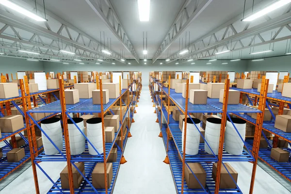 Render Industrial Racks Pallets Boxes Shelves Goods Huge Storage Rooms — 스톡 사진