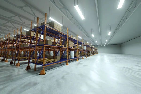 Render Industrial Racks Pallets Boxes Shelves Goods Huge Storage Rooms — 스톡 사진