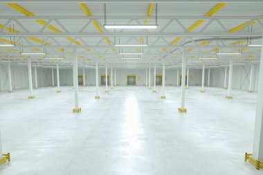 3D render Endüstriyel boş depo fabrikası ışık odası. Otomobil deposu, lojistik, üretim, fabrika. Boşluğu kopyala.
