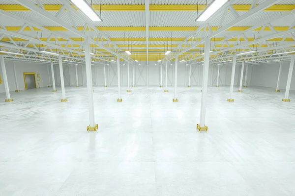 3D render Industrial empty warehouse factory light room. automobile warehouse, logistics, production, factory. Copy space.
