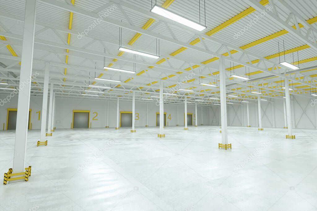 3D render Industrial empty warehouse factory light room. automobile warehouse, logistics, production, factory. Copy space.