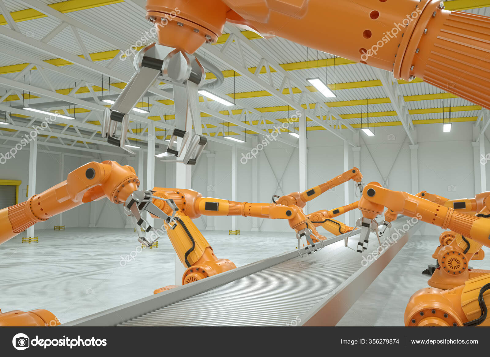 Automatic Assembly Line Orange Robot Arm Manipulator Empty