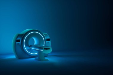MRI makinesi, koyu mavi arka planda manyetik rezonans görüntüleme makinesi. Tıp, teknoloji, gelecek. 3B görüntüleme, 3D resimleme, kopyalama alanı