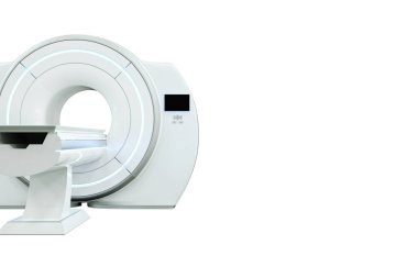 MRI makinesi, manyetik rezonans görüntüleme makinesi beyaz arka planda izole edilmiş. Tıp, teknoloji, gelecek. 3B görüntüleme, 3D resimleme, kopyalama alanı