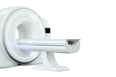 MRI makinesi, manyetik rezonans görüntüleme makinesi beyaz arka planda izole edilmiş. Tıp, teknoloji, gelecek. 3B görüntüleme, 3D resimleme, kopyalama alanı