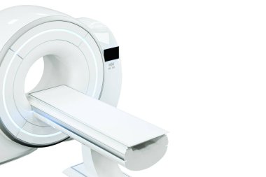 MRI makinesi, manyetik rezonans görüntüleme makinesi beyaz arka planda izole edilmiş. Tıp, teknoloji, gelecek. 3B görüntüleme, 3D resimleme, kopyalama alanı