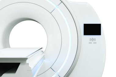 MRI makinesi, manyetik rezonans görüntüleme makinesi beyaz arka planda izole edilmiş. Tıp, teknoloji, gelecek. 3B görüntüleme, 3D resimleme, kopyalama alanı