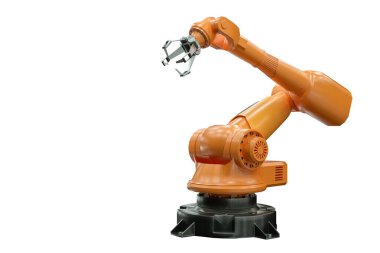 Beyaz arka planda izole edilmiş bitki için turuncu robot kol manipülatörü. Teknoloji konsepti, gelecek. 3B görüntüleme, 3D resimleme, kopyalama alanı