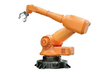 Beyaz arka planda izole edilmiş bitki için turuncu robot kol manipülatörü. Teknoloji konsepti, gelecek. 3B görüntüleme, 3D resimleme, kopyalama alanı