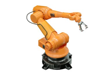 Beyaz arka planda izole edilmiş bitki için turuncu robot kol manipülatörü. Teknoloji konsepti, gelecek. 3B görüntüleme, 3D resimleme, kopyalama alanı
