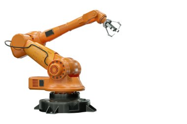 Beyaz arka planda izole edilmiş bitki için turuncu robot kol manipülatörü. Teknoloji konsepti, gelecek. 3B görüntüleme, 3D resimleme, kopyalama alanı