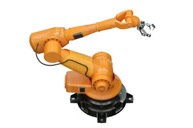 Beyaz arka planda izole edilmiş bitki için turuncu robot kol manipülatörü. Teknoloji konsepti, gelecek. 3B görüntüleme, 3D resimleme, kopyalama alanı