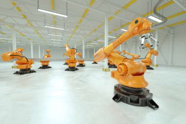 Otomatik montaj hattı. Boş taşıma bandı olan turuncu robot kol manipülatörü. Teknoloji konsepti, gelecek. 3B görüntüleme, 3D resimleme, kopyalama alanı