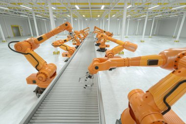 Otomatik montaj hattı. Boş taşıma bandı olan turuncu robot kol manipülatörü. Teknoloji konsepti, gelecek. 3B görüntüleme, 3D resimleme, kopyalama alanı