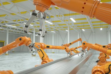 Otomatik montaj hattı. Boş taşıma bandı olan turuncu robot kol manipülatörü. Teknoloji konsepti, gelecek. 3B görüntüleme, 3D resimleme, kopyalama alanı