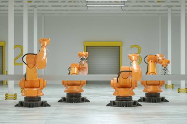 Otomatik montaj hattı. Boş taşıma bandı olan turuncu robot kol manipülatörü. Teknoloji konsepti, gelecek. 3B görüntüleme, 3D resimleme, kopyalama alanı