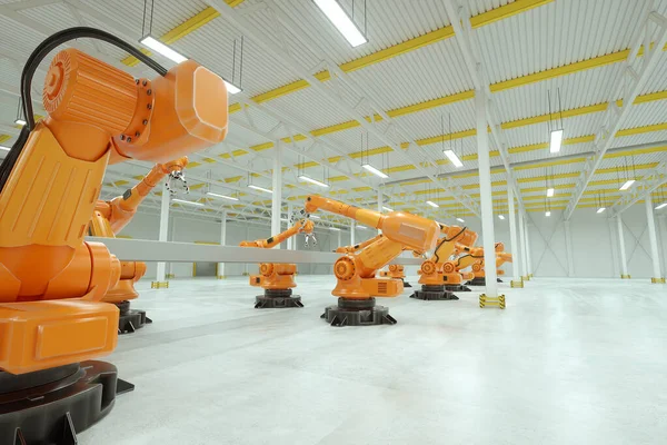 Automatyczna Linia Produkcyjna Manipulator Ramieniem Robota Pomarańczowego Pustym Przenośnikiem Taśmowym — Zdjęcie stockowe