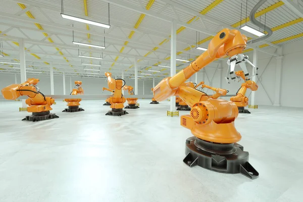 Automatic assembly line. Orange robot arm manipulator with empty conveyor belt. Technology concept, future. 3D rendering, 3D illustration, copy space