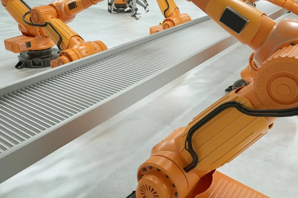 Automatic assembly line. Orange robot arm manipulator with empty conveyor belt. Technology concept, future. 3D rendering, 3D illustration, copy space