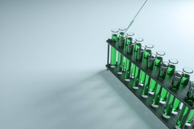 Pipette yeşil sıvıyla test tüpüne sıvı ekle. Aşı konsepti, teknoloji, tıp, araştırma. 3B görüntüleme, 3D resimleme, kopyalama alanı