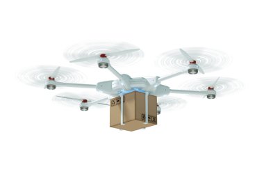 Beyaz arka planda izole edilmiş karton kutulu uçan bir dron. Dron teslimat için. Hızlı dağıtım konsepti, teknoloji. 3B görüntüleme, 3D resimleme, kopyalama alanı