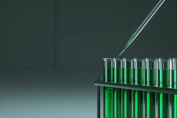 Pipette Yeşil Sıvıyla Test Tüpüne Sıvı Ekle Aşı Konsepti Teknoloji — Stok fotoğraf