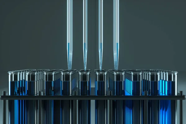 Научные Лабораторные Пробирки Голубыми Жидкостями Лабораторные Пробирки Концепция Вакцины Технологии — стоковое фото