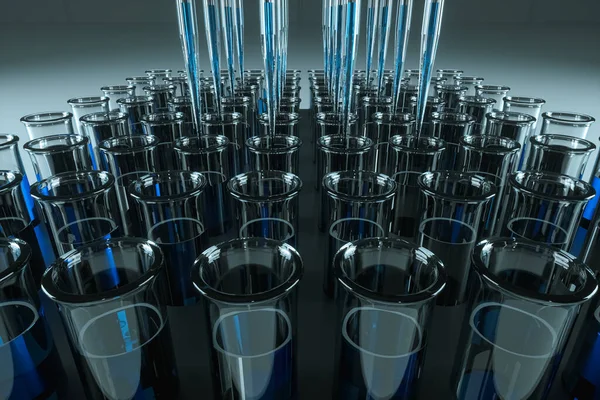 Scientific laboratory test tubes with blue liquid and laboratory test pipettes. The concept of vaccine, technology, medicine. 3D rendering, 3D illustration, copy space