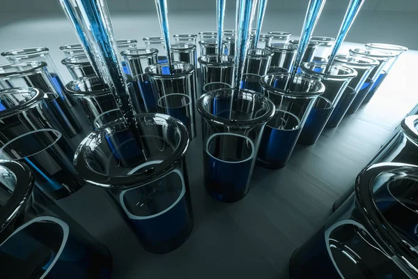 Tubos Ensayo Científicos Laboratorio Con Pipetas Azules Líquidas Laboratorio Concepto — Foto de Stock