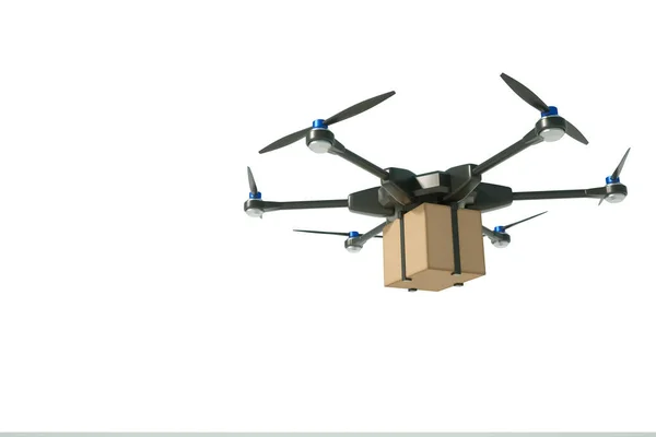 White Quadcopter Cardboard Box Isolated White Background Quadrotor Delivery Concept — Stock Photo, Image